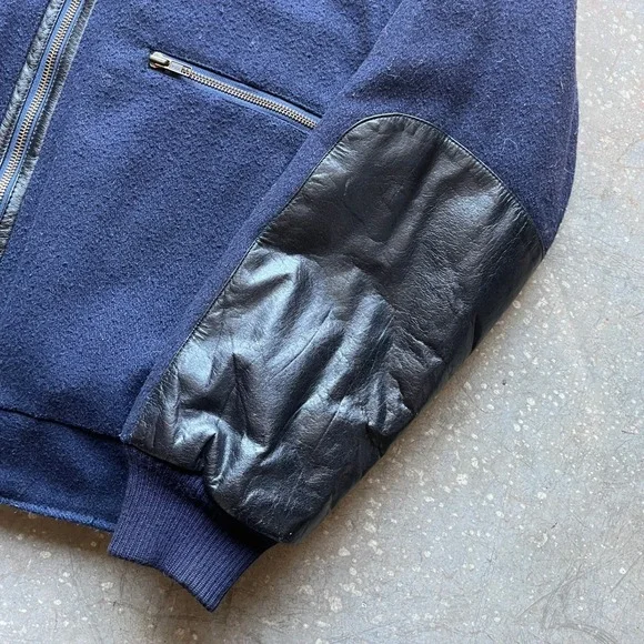 VTG 70s 80s John Henry Navy Wool Leather Trim Bomber Jacket Men's Size L Quilted - Picture 6 of 9
